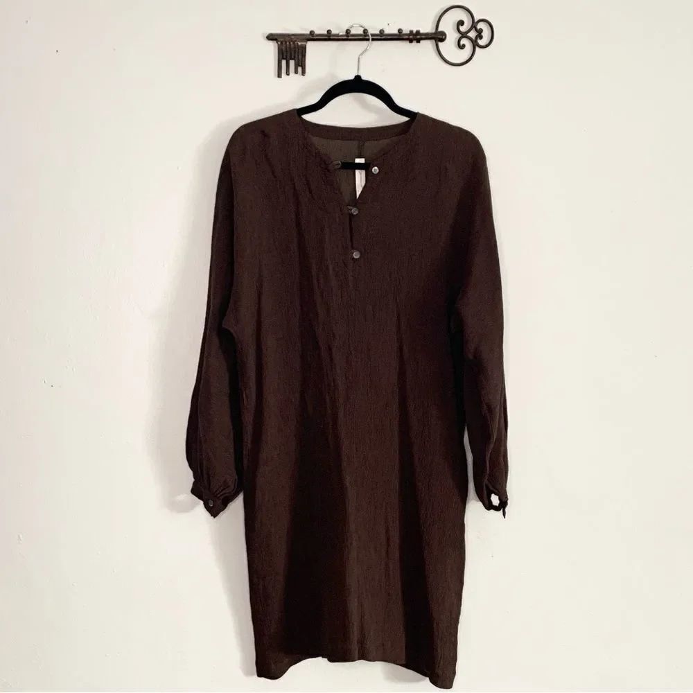Megan Aumem Brown Textured Tunic Dress Long Sleeve Minimalist Shift Size small